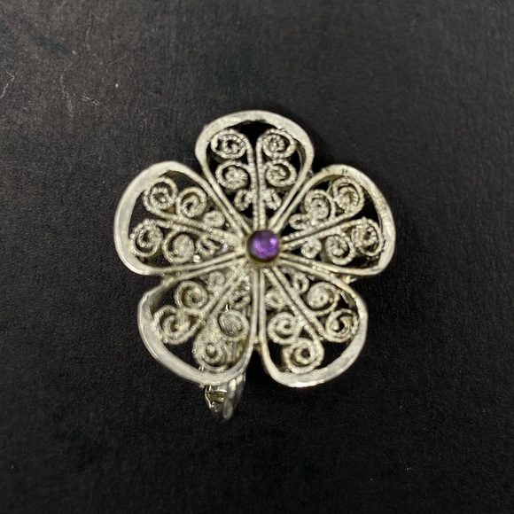 VINTAGE AMETHYST STONE Center FLOWER FILIGREE SPIRAL Designed Clip On Earrings - Picture 2 of 10